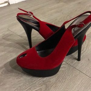 Qupid Fauxe Suede Heels, Red & Black